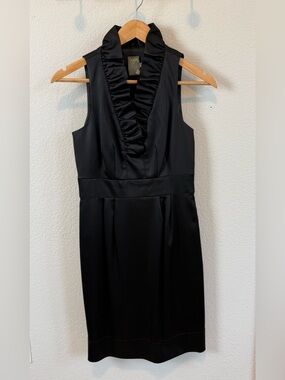 Taylor Black Sleeveless Ruffle V-Neck Midi Dress Sz 2 Classic LBD Evening Party